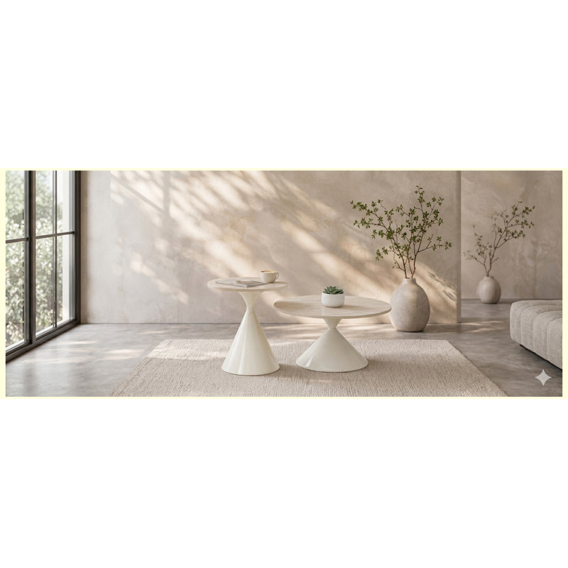 Ensemble de 2 tables basses rondes, plateau de table à motif en travertin et base en acier, finition blanche, tables d'appoint de salon multifonctionnelles