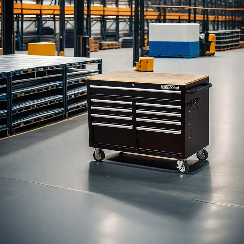 Coffre à outils à roulettes extra-profond à 9 tiroirs 46 po, armoire de rangement / banc de travail mobile avec plateau en bois / multiprise, équipé de roulettes, poignée, doublure et système de verrouillage, capacité de 1200 lb