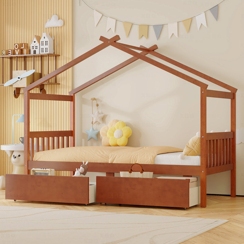 Lit simple, maison en bois avec tiroirs, Lit simple, Brun