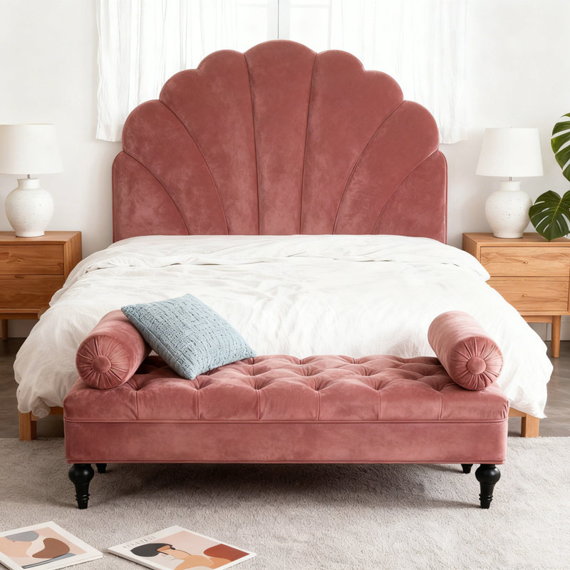Bedroom Bench,Bench for End of Bed,Velvet Upholstered Bench with 2 Detachable Pillows,Comfy Upholstered Footstool,Ottoman for Bedroom,Living Room, Entryway