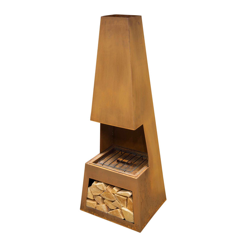 Gebkea Square Steel Wood Burning Smokeless Chimnea, Corten Steel