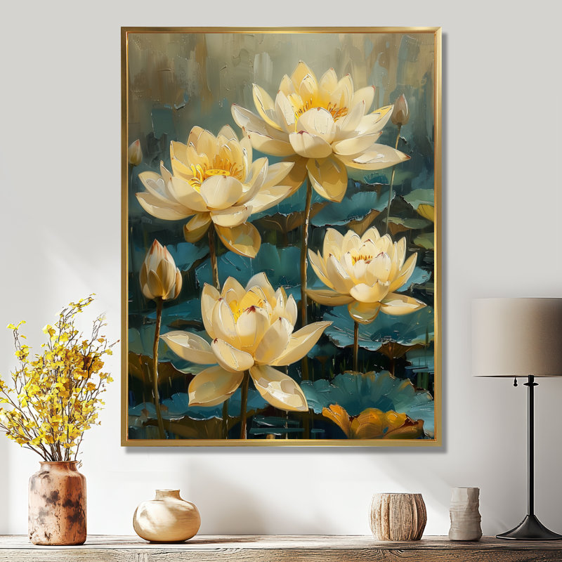 Blanc blanc vert jardin de lotus III - lotus d'art mural de salon, Cadre flottant doré, H 30 po x l 40 po