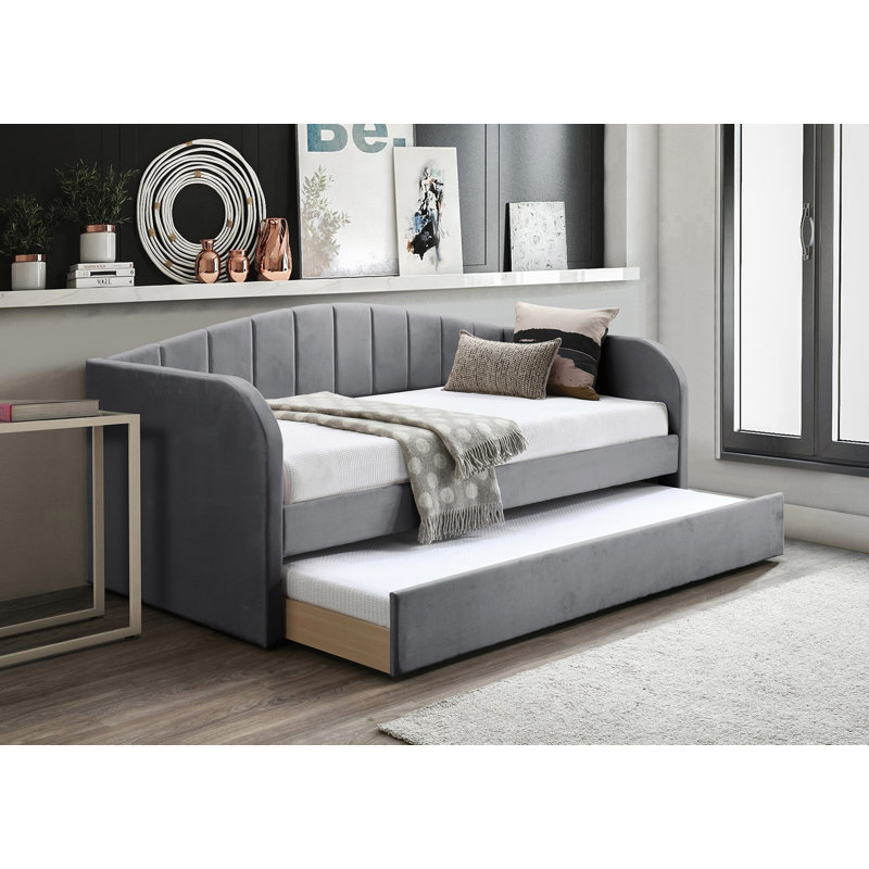 Lit de jour de style moderne 1 pièce avec couchette, lattes et tissu de velours pour un confort et une élégance ultimes, Gris