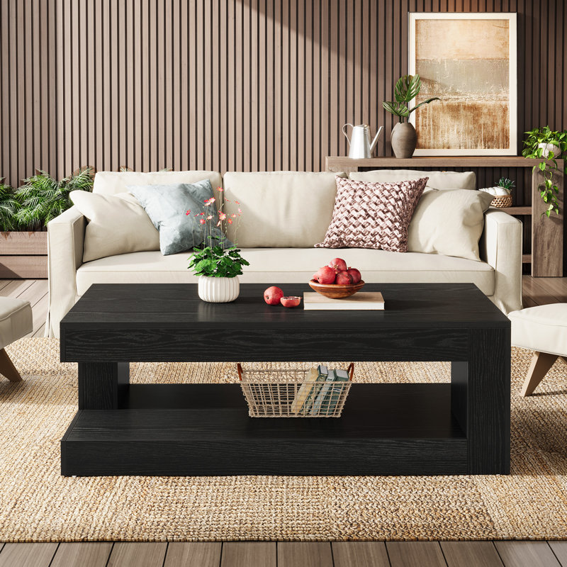 47.24'' Rectangular Coffee Table For Living Room, Farmhouse 2-tier Accent Center Tea Cocktail Table With Storage, Black