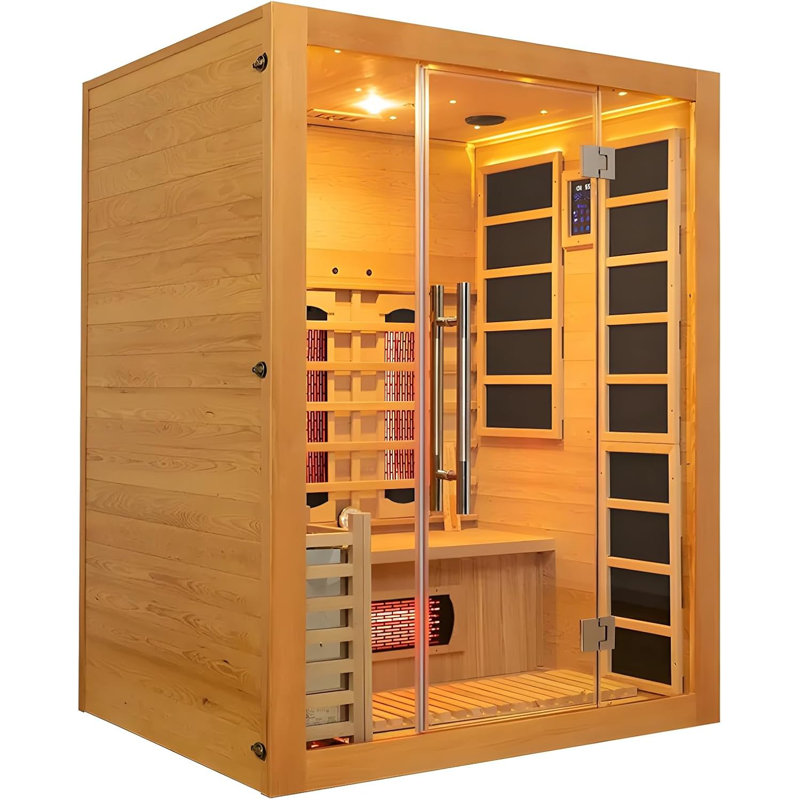 Luxury Dual-System Wood Sauna Room for 3-4 Person, Hybrid Indoor Sauna Spa,Canadian Hemlock, 4.5KW Heater, 195°F Steam+149°F Far Infrared, 10 Heating Elements, 220V, Oxygen Ionizer, 8mm Tempered-grass
