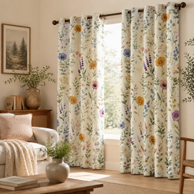 2Pcs Floral Botanical Print Sun Blocking Curtains, Garden Style, Vintage Wildflower Pattern Printed Art Ring-Top, Thermal Insulated and Light Blocking for Living Room Bedroom for Home Dector