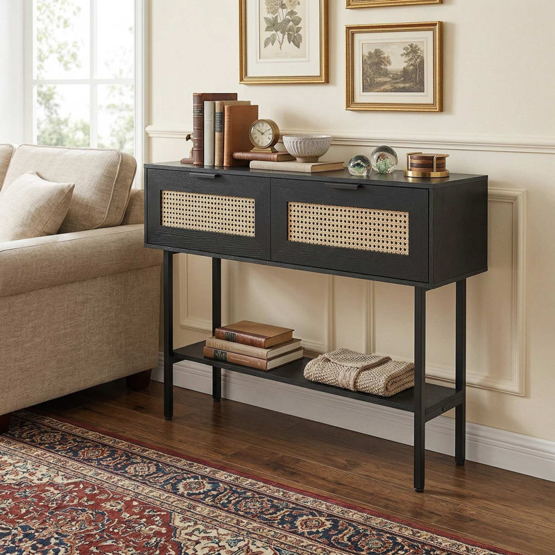 Console en rotin robuste avec 2 armoires de rangement et structure en acier au carbone pour l'entrée du salon, Noir