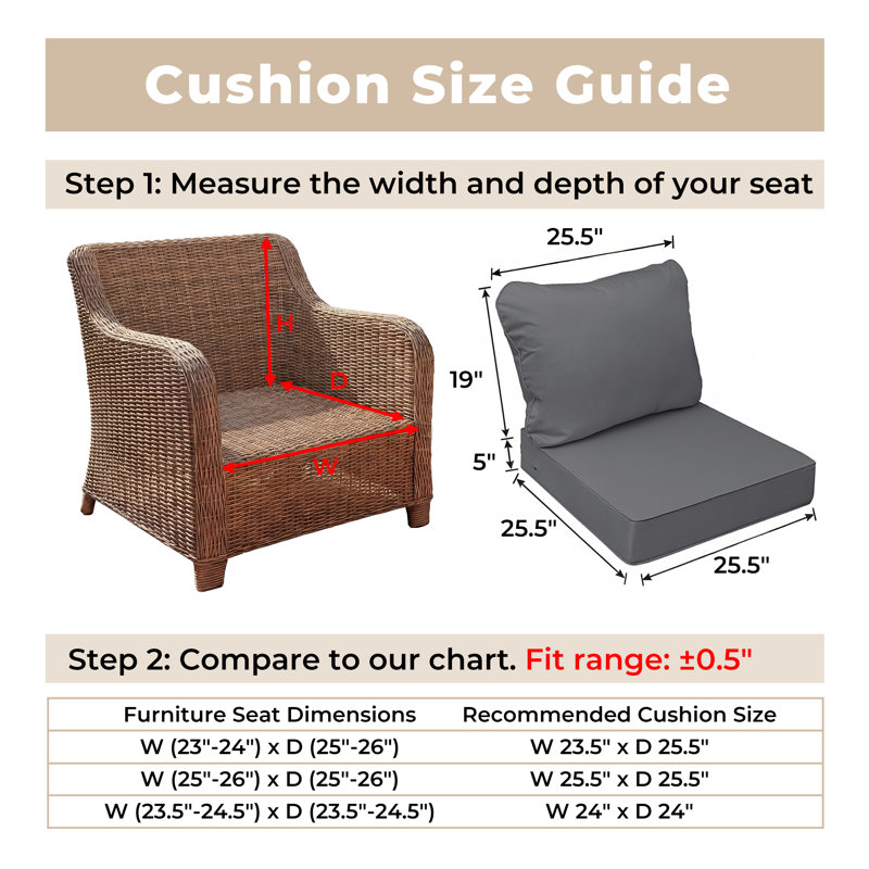 25.5 x 25.5 Waterproof Outdoor Deep Seat Cushion for Patio Furniture Replacement, Mid Back, Set of 4, Dark Gray, 4