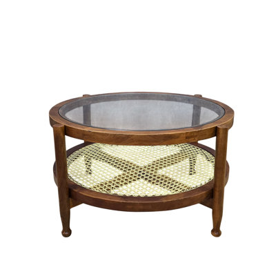 Elegant Brown 33" Round Coffee Table with Glass Top and Handwoven Cane Shelf