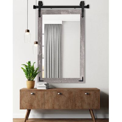 Modern Rustic Vertical Mirror with Steel Barn Door Track and Decorative Metal Corner Brackets