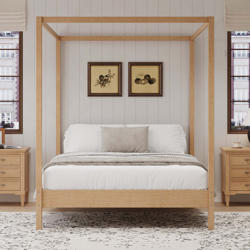 Solid Wood Canopy Platform Bed Frame With Slats Support, No Box Spring Needed, Queen