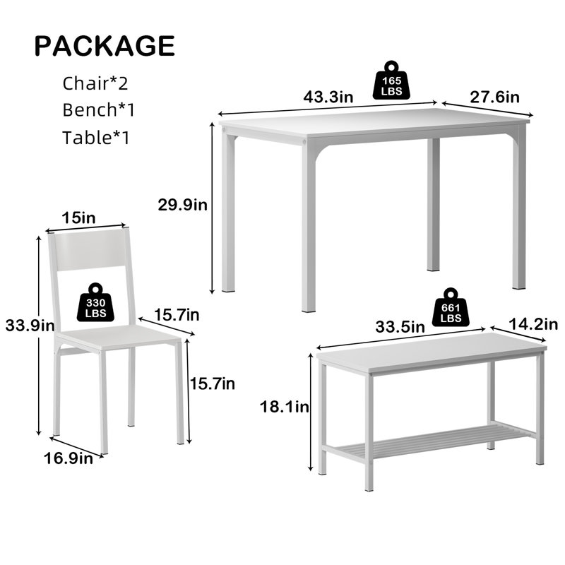 Pickell 4-Person Dining Table Set, 2 Chairs With Backrest,2-Person Bench With Storage Rack, White