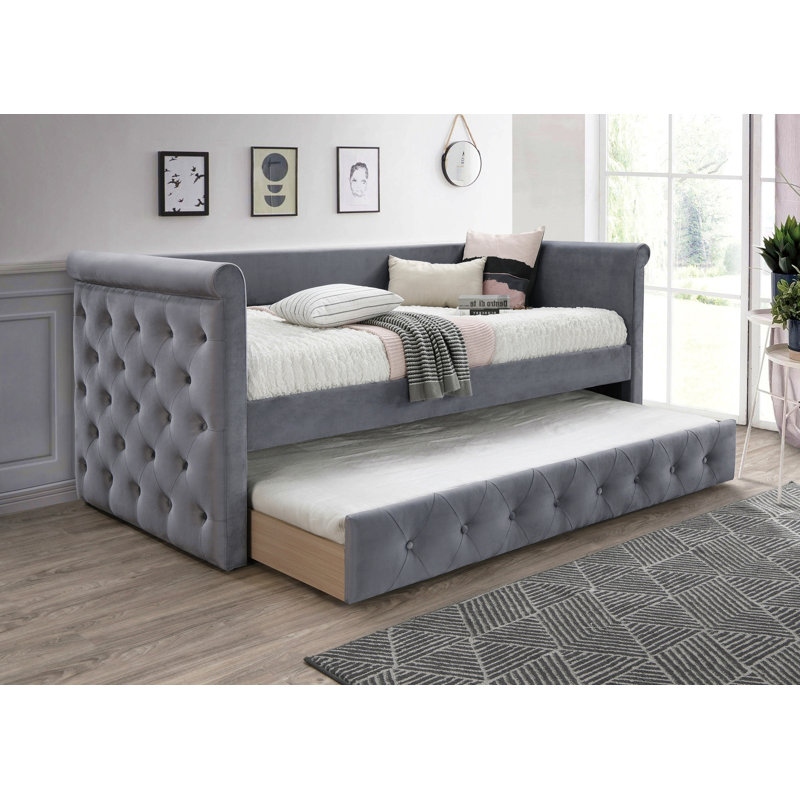 Contemporary 1Pc Day Bed W/ Slat Trundle Button Tufted Bedroom Furniture, Gray
