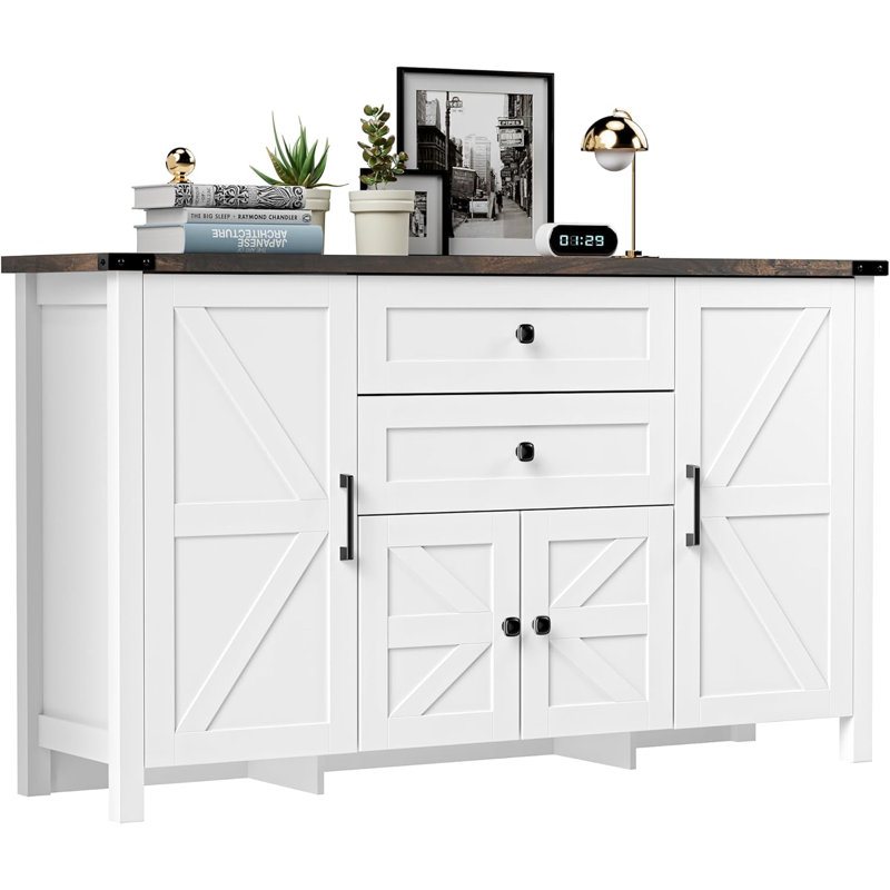 58" Sideboard Buffet Cabinet with Storage, Coffee Bar Cabinet with 2 Drawers and 4 Barn Doors