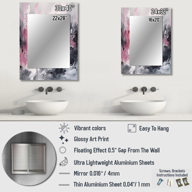 Evolving In Pink Grey Liquid Ink I - Geometric Large Wall Mirror, Pink Decorative Mirror, Printed Metal Art, 32" x 24"