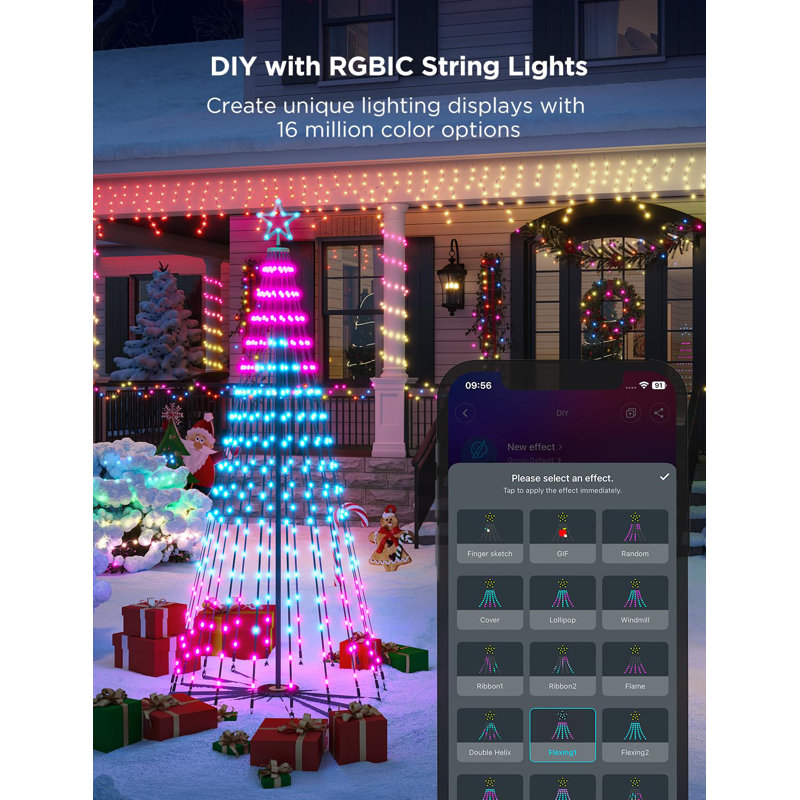 Éclairage d'arbre de Noël à cône de 7,5 pi avec application et commande vocale, 370 lumières à DEL RVBIC à changement de couleur, IP67 imperméable, synchro de musique pour décoration de Noël