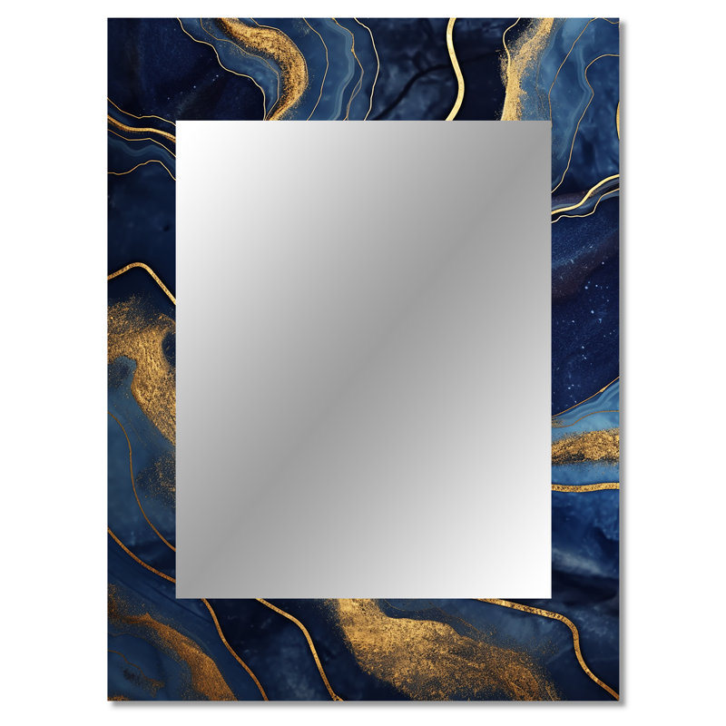 Bleu et or abstrait Marble Mirage II - miroir décoratif en marbre, grand miroir mural moderne, impression d'art en métal