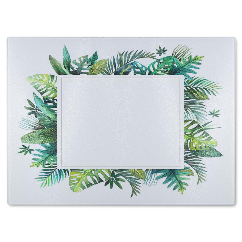Square Botanical Border Glass Chopping Board, Green