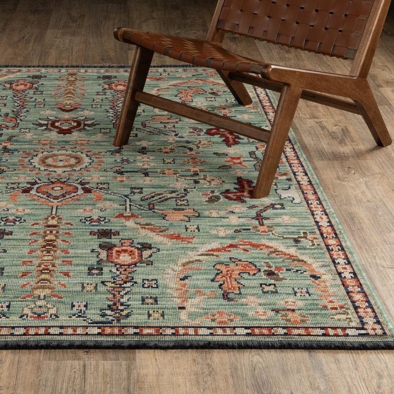 Tincie Traditional Floral Medallion Teal / Rust Wool Blend Area Rug, Teal / Rust, Rectangle 6'7" x 9'6"