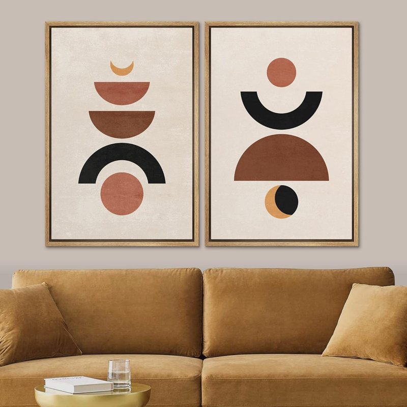 Ensemble de formes géométriques abstraites de style Mid-Century géométrique en demi-cercle avec motif abstrait de style bohémien 2 pièces