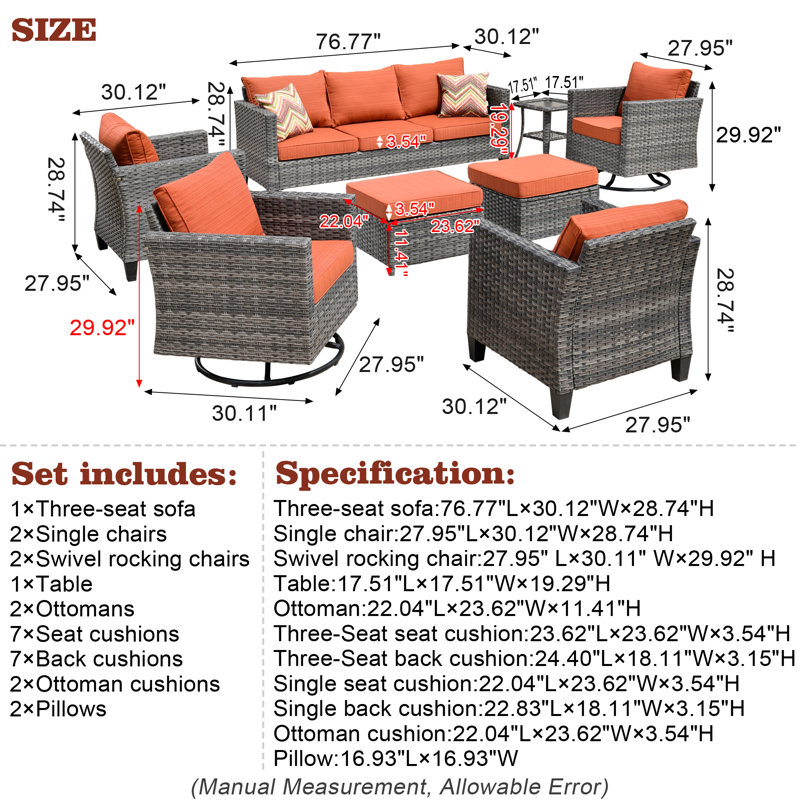 GRST Wicker/Rattan 7-Person Seating Group with Cushions, Orange