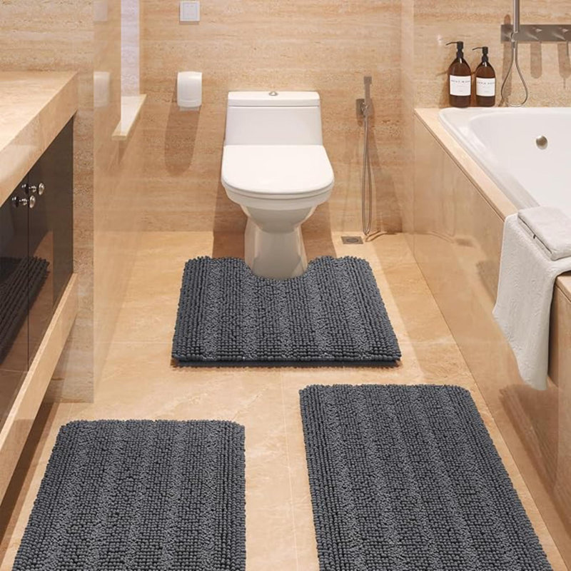 Ensemble de tapis de salle de bain rayé brun ultra doux et antidérapant en chenille pour salle de bain 3 pièces, Dark Grey