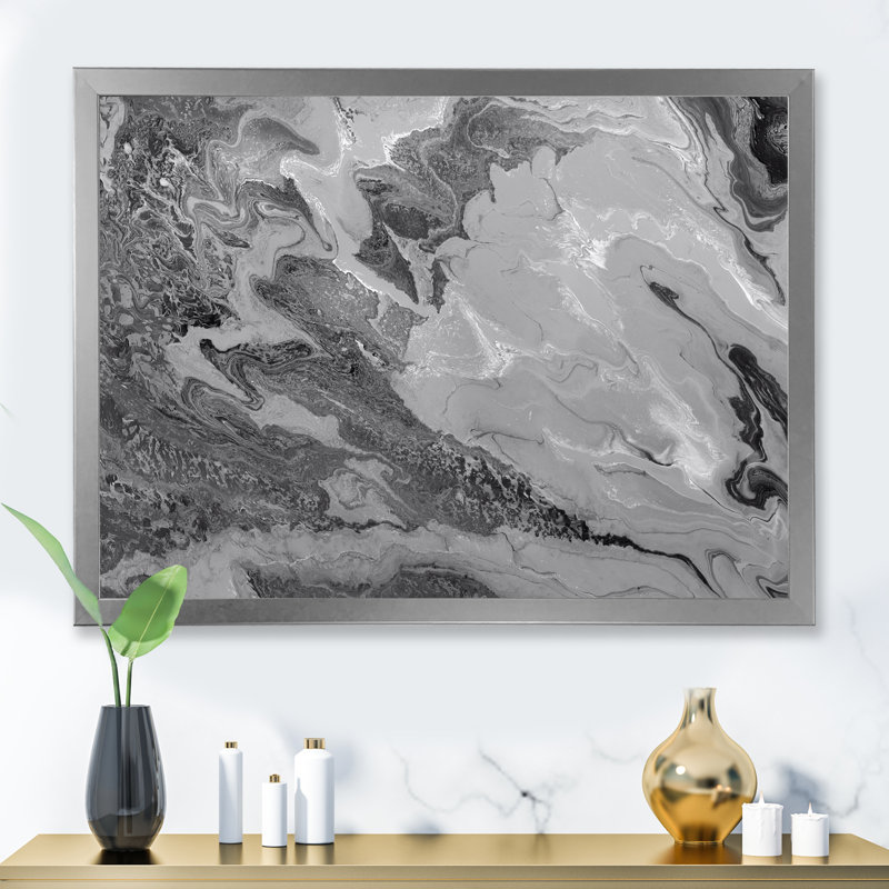 Gris ondulé liquide - peinture sur toile, H 30 po x l 40 po x P 1,5 po, Cadre photo argenté