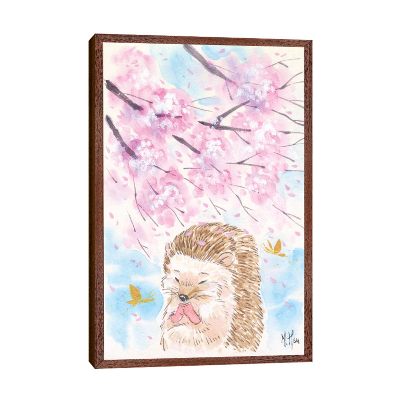 Cherry Blossom Wishes Hedgehog by Martin Hsu - Print on Canvas, 101.6 cm H x 66.04 cm W, Classic Brown Wood Framed