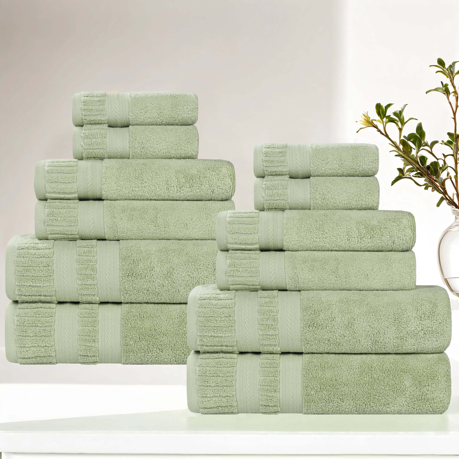 Zero-Twist Cotton Towel Set, 12 Piece Towel Set, Green