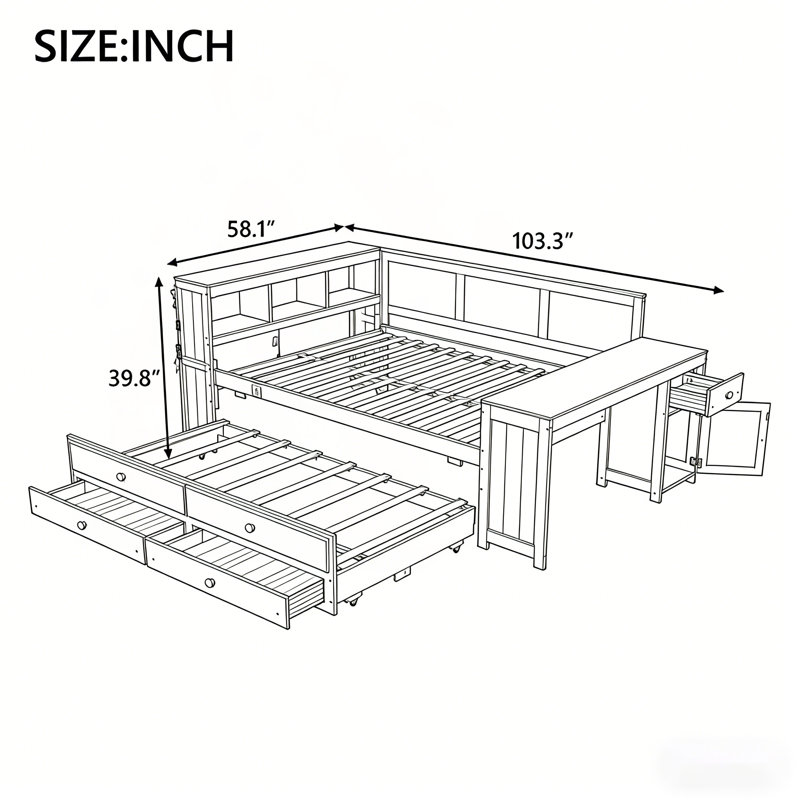 Full Size Daybed With Storage, Charging Station, LED Light, And Built-In Desk For Modern Living And Organization, White