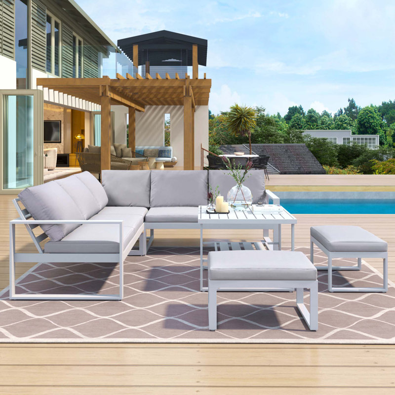 Ensemble de canapé d'extérieur de style industriel avec 2 canapés Love, 1 canapé simple, 1 table et 2 bancs