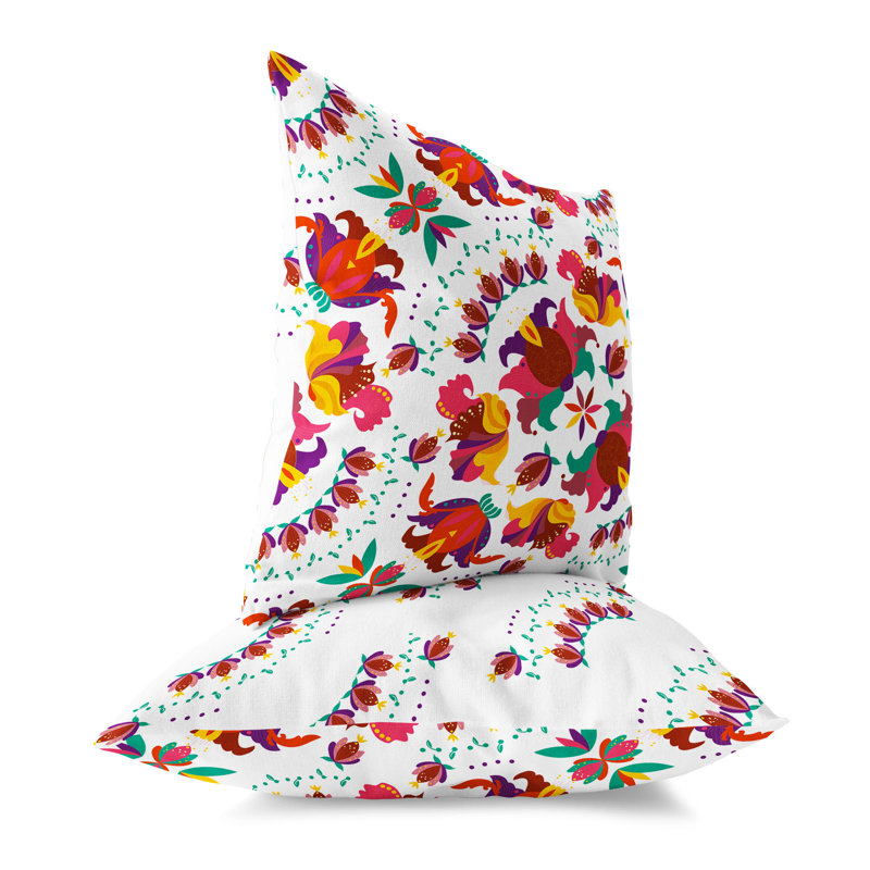 Coussin décoratif intérieur / extérieur Folk Art Flourish, H 16 po x l 16 po, Rouge / rose
