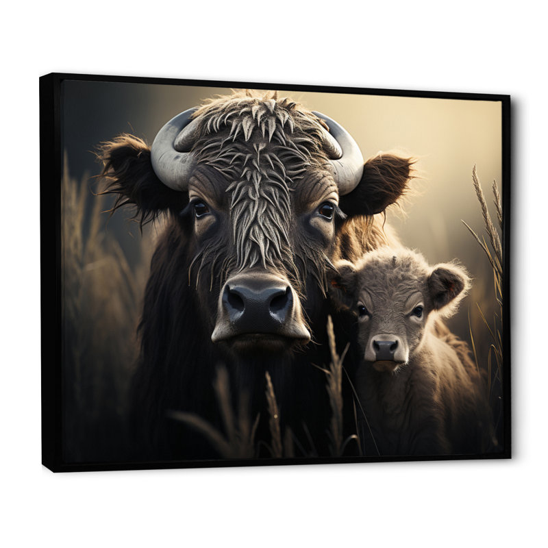 Brown Buffalo Gentle Guardians - Animals Canvas Art Print, Cadre flottant noir, H 34 po x l 44 po x P 1,5 po