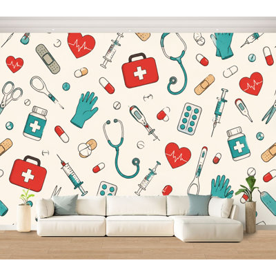 Wall Mural Peel and Stick Wallpaper Medical Healthcare Seamless Stethoscopes Syringes Pills First Aid Self-Adhesive Removable Contact Paper Wall Decor for Living Room Bedroom 100"H x 144"W