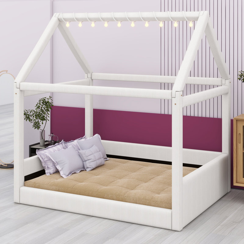 Upholstered House Daybed With LED Light Strips, Beige