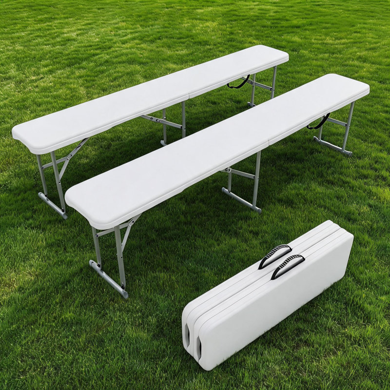 Folding Bench Set of 2, Portable Plastic Outdoor Folding Event Benches with Carry Handle, White
