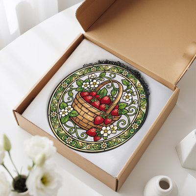 Strawberry Basket Stained Glass Window Panel，7.8H