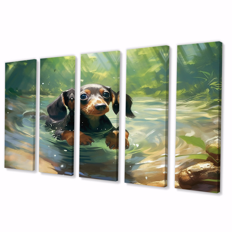 «Black Dachshund's Distinctive - Animals Dog Daschund», reproduction sur toile - 5 panneaux égaux