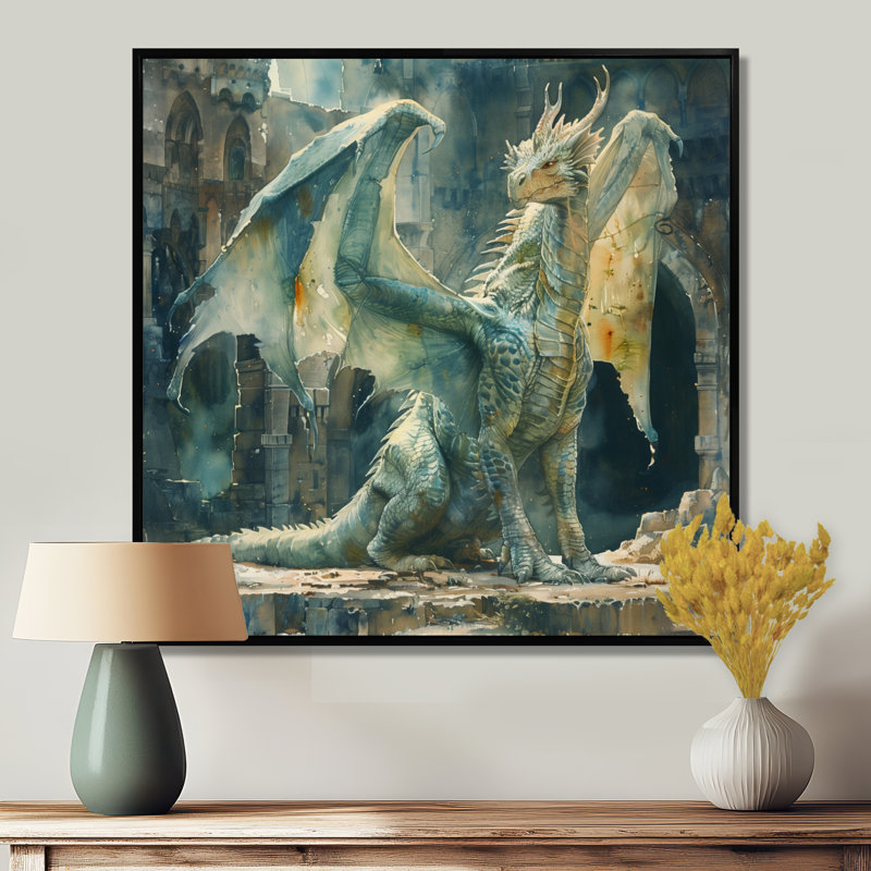 «Green Antique Ruins Dragon I - Dragons», art mural, Toile avec cadre flottant noir, H 16 po x l 16 po x P 1 po