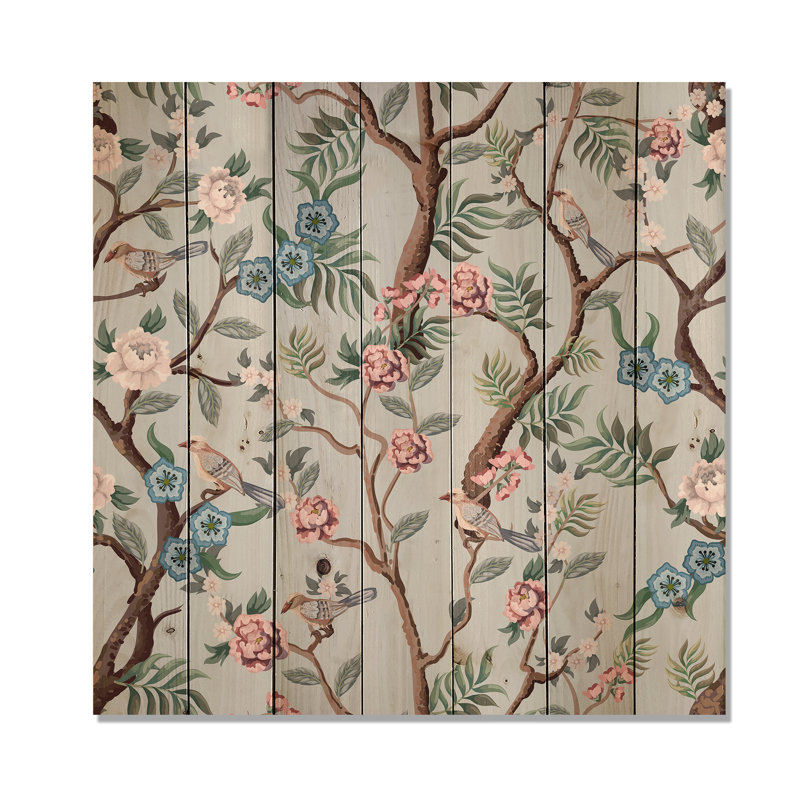 Chinoiserie avec oiseaux et pivoines X - impression traditionnelle sur bois de pin naturel, H 30 po x l 30 po x P 0,78 po