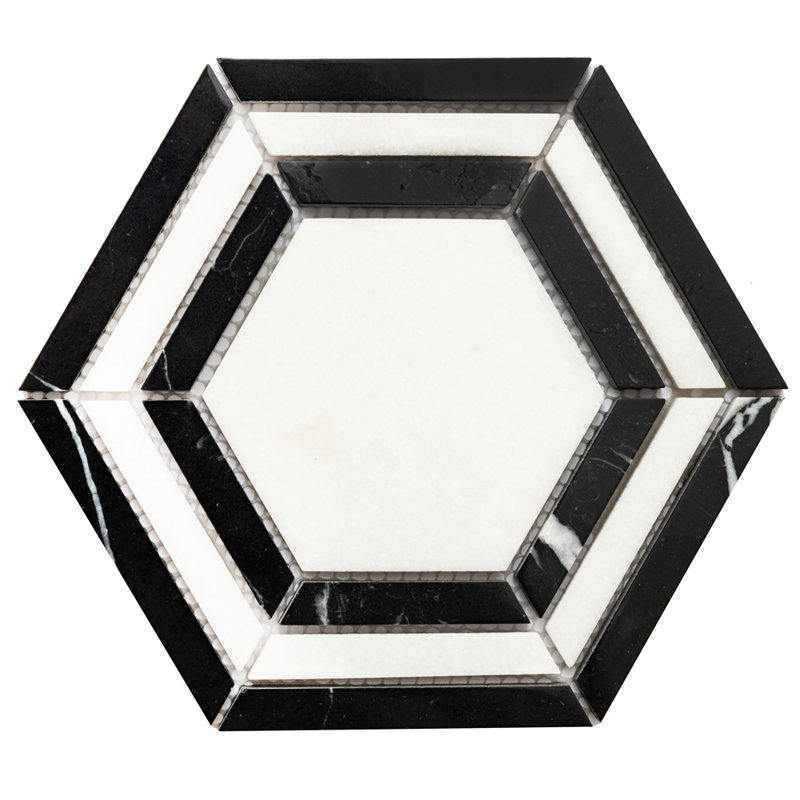 Carreau de mosaïque en marbre poli 4 po x 4 po Santorini, Nero / Thassos