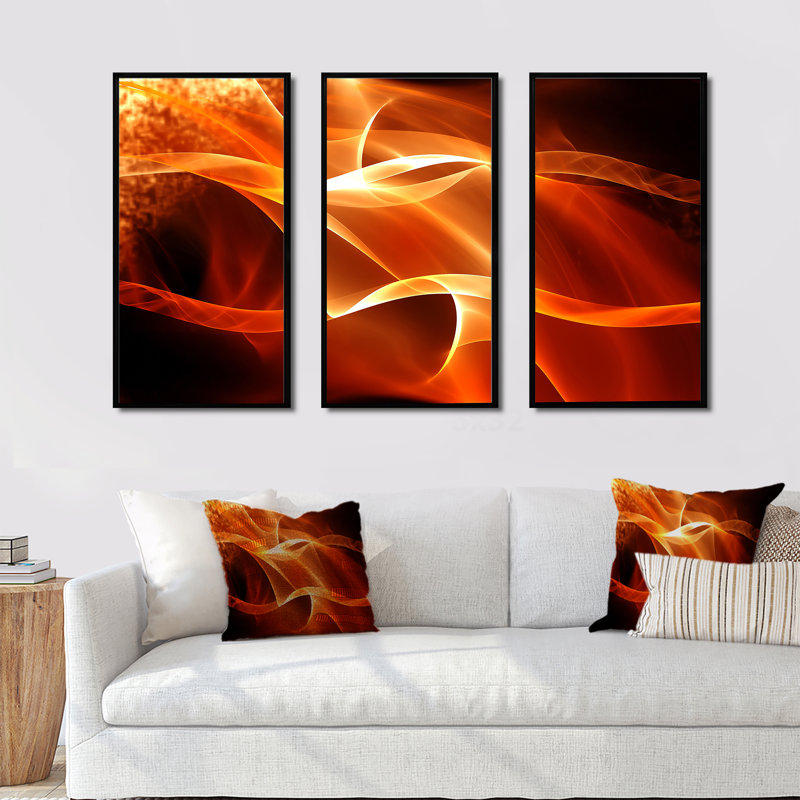 Orange 3D abstrait fractal vagues - ensemble abstrait d'art mural sur toile encadrée de 3, H 28 po x l 36 po, Noir