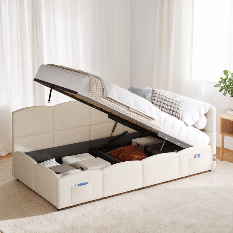 Upholstered Storage Bed, Beige Velvet