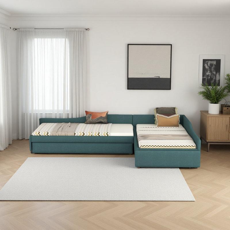 Upholstered Double Twin Size Daybed With Trundle And Drawer, Green