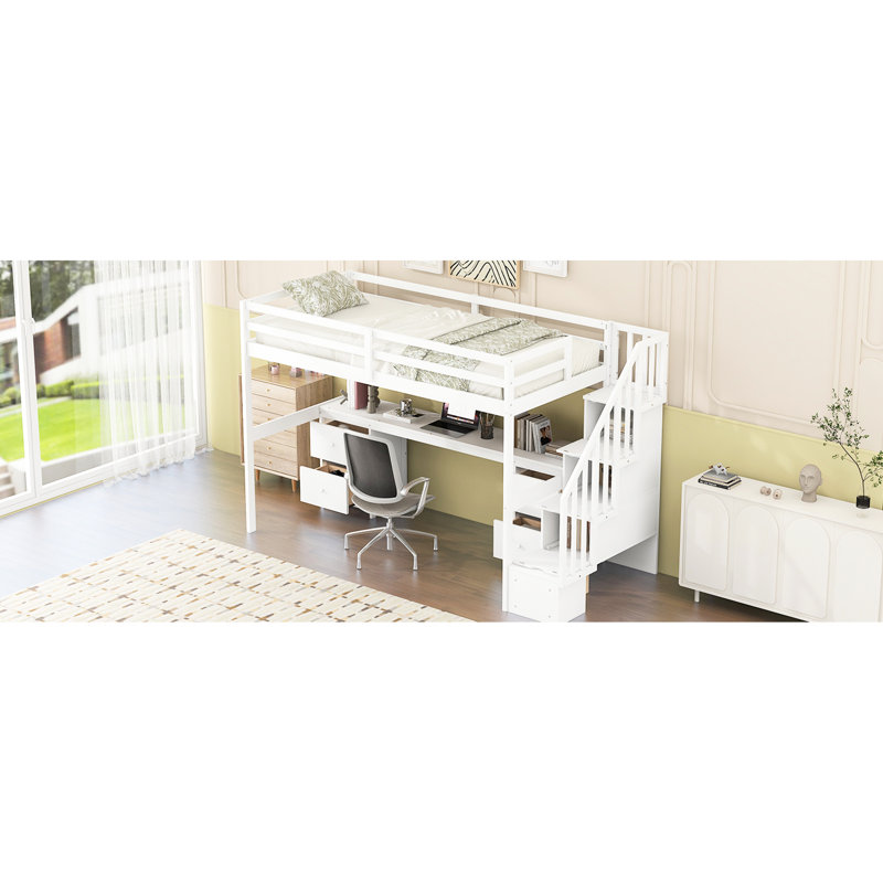 Lit mezzanine simple en blanc avec bureau et double rangement - Bois de pin pour un espace de repos relaxant, Blanc