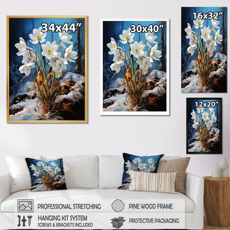Vert neige, fleurs d'hiver I, H 20 po x l 12 po x P 1 po, Cadre flottant blanc
