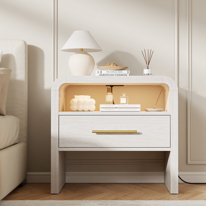 Curved Nightstand Set of 2 with Charging Station, LED Light, Open Shelf And Drawer, Modern Bedside Tables For Bedroom,White