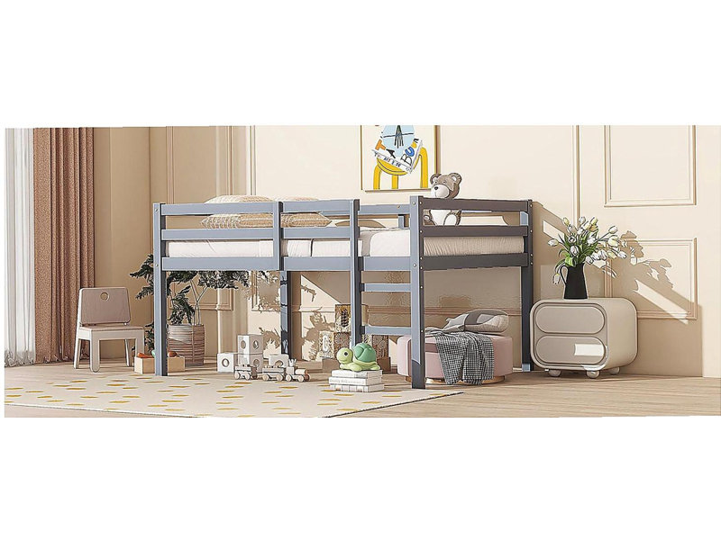 Full Rubber Wood Loft Bed with Ladder,Grey, Gray