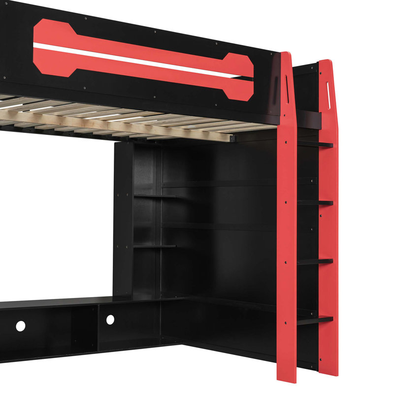 Lit mezzanine double en bois avec bureau, tablettes de rangement et éclairage ambiant RVB contrôlé par une application, Rouge