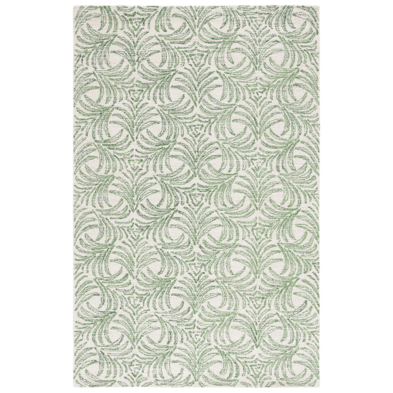 Ivory and Green Floral Hand-Tufted Wool Silk Rug, 8' x 10'